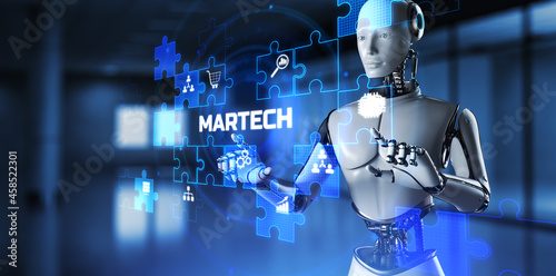 Martech Digital marketing automation technology concept. Robot pressing button on screen 3d render. photo