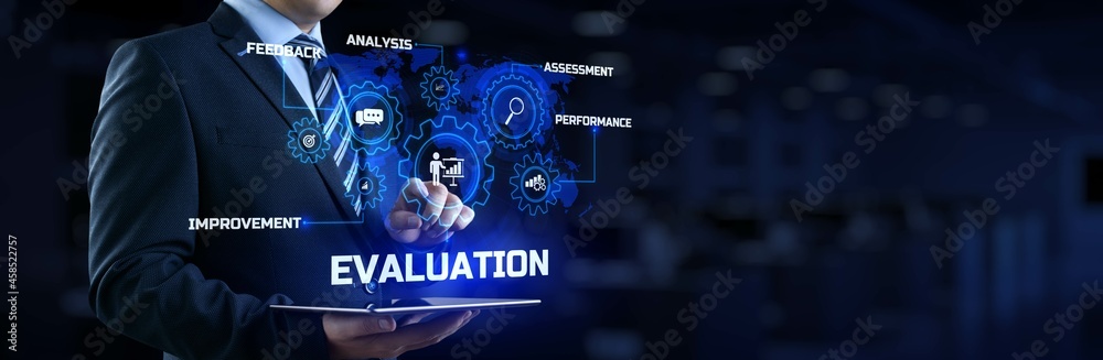 Fototapeta premium Evaluation Assessment Customer service feedback. Businessman pressing button on screen.