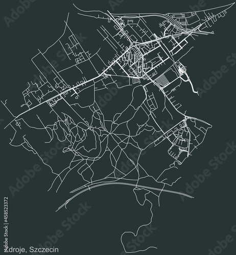 Detailed negative navigation urban street roads map on dark gray background of the quarter Zdroje municipal neighborhood of the Polish regional capital city of Szczecin, Poland