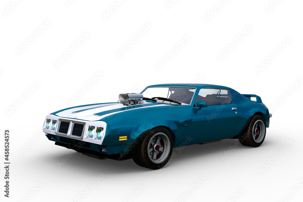 3D rendering of a blue and white 1970s vintage American muscle car isolated on a white background.