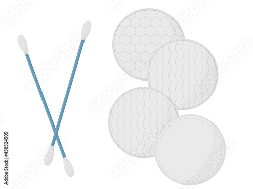 Cotton buds and round cotton pad. Face care cosmetics.