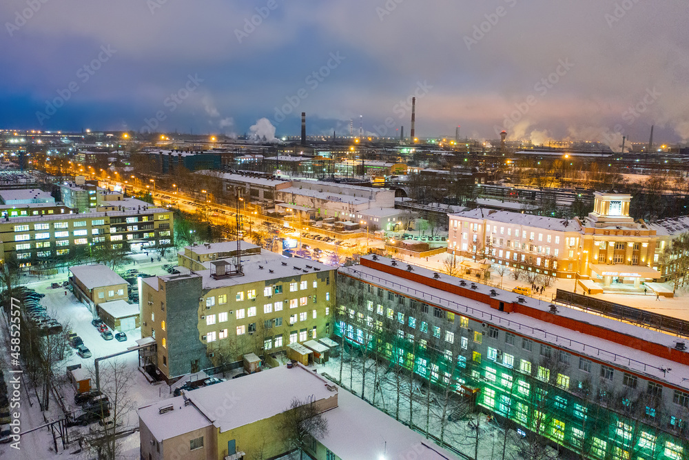 Night view of the industrial area. View from above