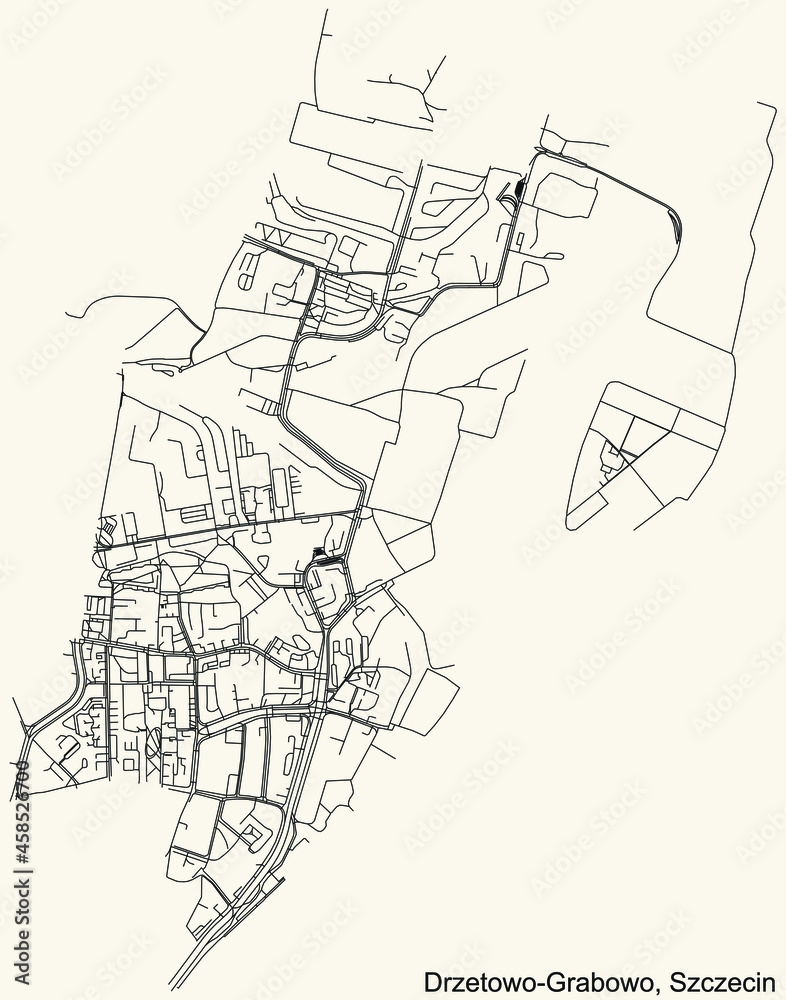 Detailed navigation urban street roads map on vintage beige background of the quarter Drzetowo-Grabowo municipal neighborhood of the Polish regional capital city of Szczecin, Poland