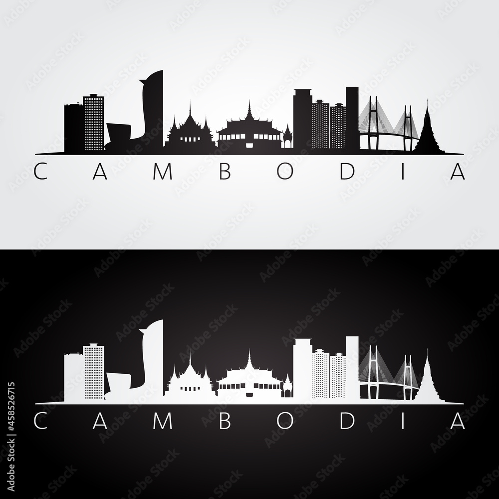 Cambodia skyline and landmarks silhouette, black and white design, vector illustration.