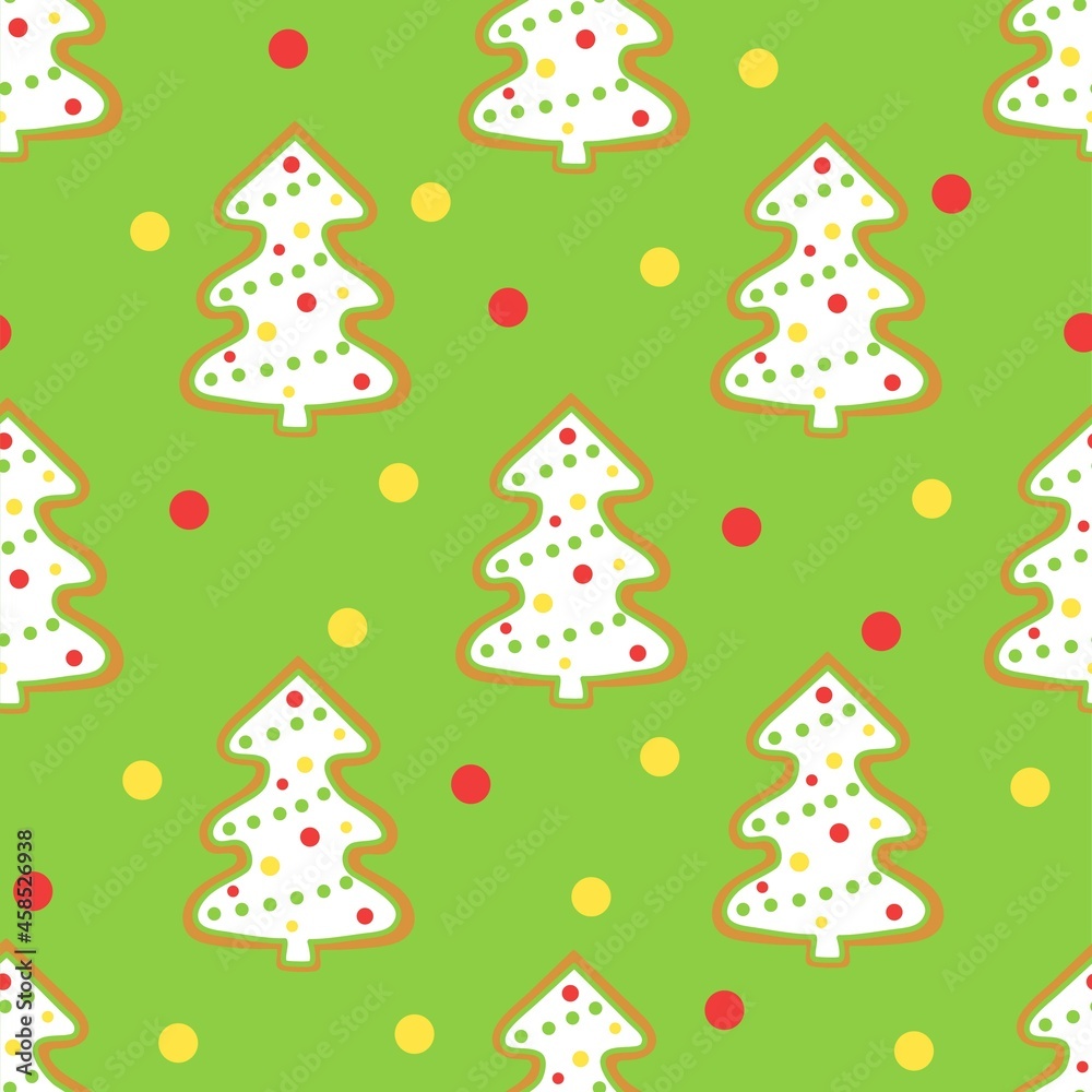 Christmas and New Year seamless pattern with fir trees. Vector background with glazed gingerbreads in the form of Christmas trees. Decorated pine trees with garlands and balls. Template.