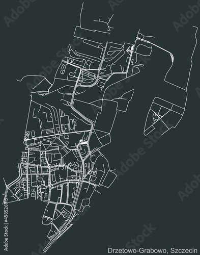 Detailed negative navigation urban street roads map on dark gray background of the quarter Drzetowo-Grabowo municipal neighborhood of the Polish regional capital city of Szczecin, Poland