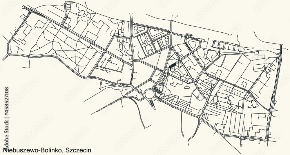 Detailed navigation urban street roads map on vintage beige background of the quarter Niebuszewo-Bolinko municipal neighborhood of the Polish regional capital city of Szczecin, Poland