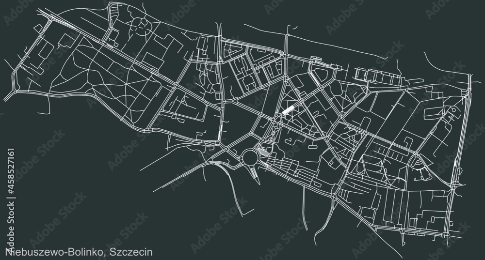 Detailed negative navigation urban street roads map on dark gray background of the quarter  Niebuszewo-Bolinko municipal neighborhood of the Polish regional capital city of Szczecin, Poland