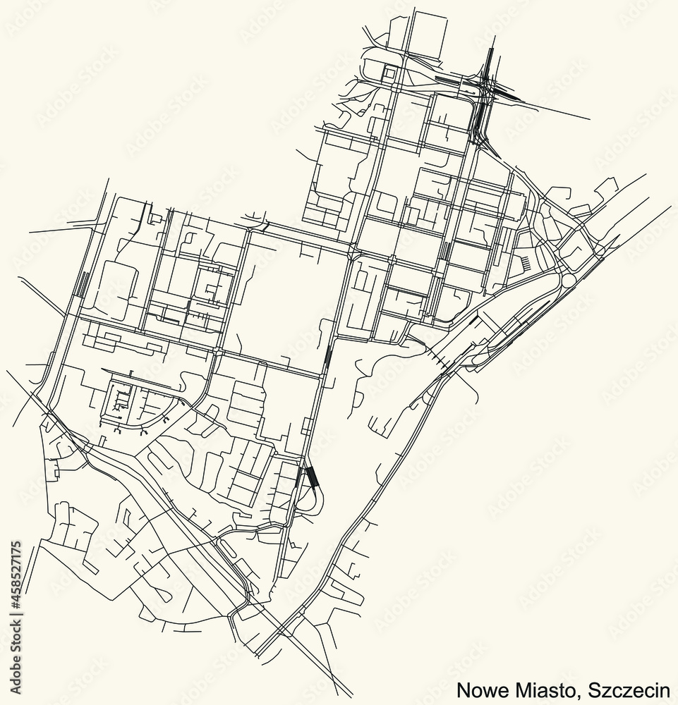 Detailed navigation urban street roads map on vintage beige background of the quarter Nowe Miasto municipal neighborhood of the Polish regional capital city of Szczecin, Poland