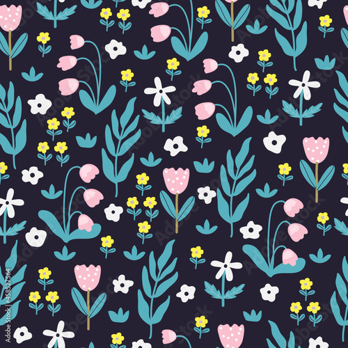 Seamless pattern with spring flowers and leaves. Hand drawn background. floral pattern for wallpaper, fabric and print.