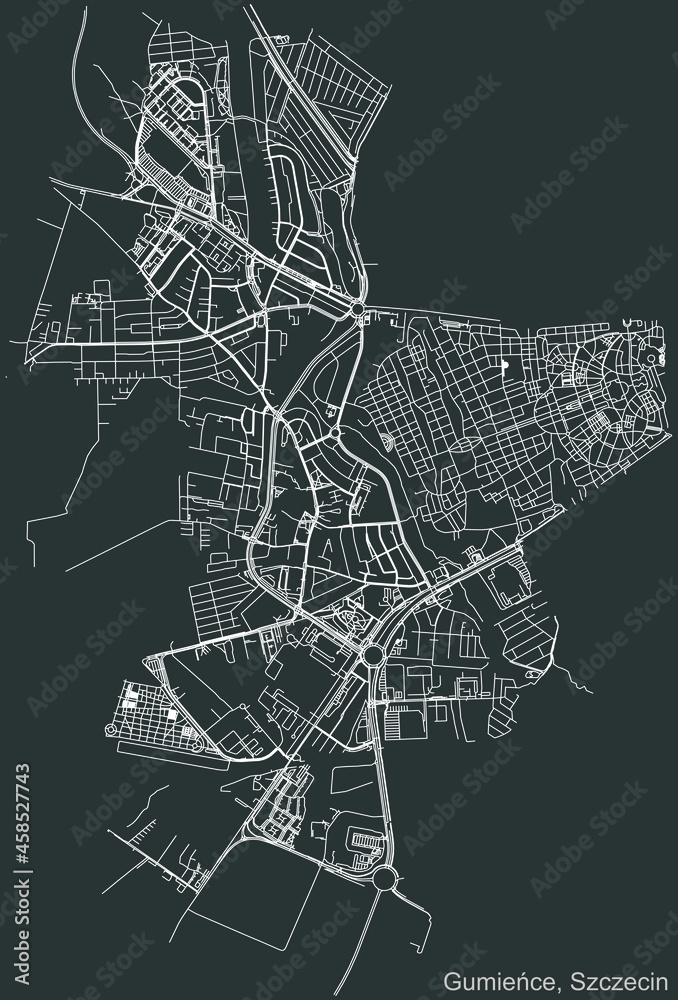 Detailed negative navigation urban street roads map on dark gray background of the quarter Gumieńce municipal neighborhood of the Polish regional capital city of Szczecin, Poland