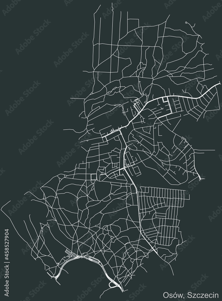 Detailed negative navigation urban street roads map on dark gray background of the quarter Osów municipal neighborhood of the Polish regional capital city of Szczecin, Poland