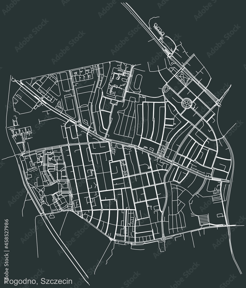 Detailed negative navigation urban street roads map on dark gray background of the quarter Pogodno municipal neighborhood of the Polish regional capital city of Szczecin, Poland