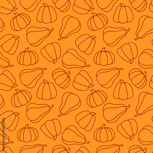 Autumn pattern with pumpkins of different shapes. Seamless orange background with plant scribbles. A template for a vector infinite ornament. Minimalistic contour drawing of vegetables