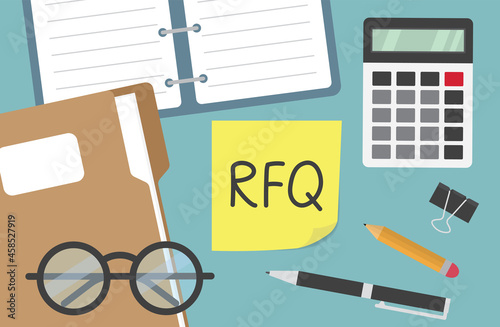 RFQ Request For Quotation written on yellow sticky note on office desk - vector illustration