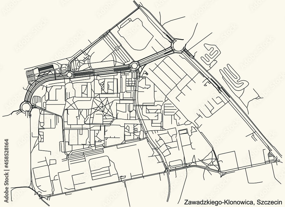 Detailed navigation urban street roads map on vintage beige background of the quarter Zawadzkiego-Klonowica municipal neighborhood of the Polish regional capital city of Szczecin, Poland