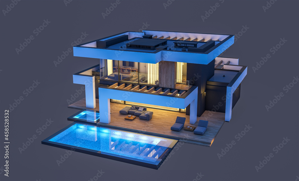 3d rendering of modern cozy house with pool and parking for sale or rent in luxurious style. In the night. Isolated on black. 3d rendering of modern cozy house with pool and parking for sale or rent in luxurious style. In the night. Isolated on black.