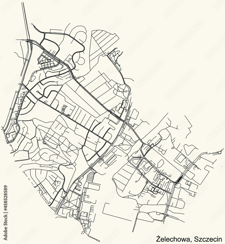 Detailed navigation urban street roads map on vintage beige background of the quarter Żelechowa municipal neighborhood of the Polish regional capital city of Szczecin, Poland