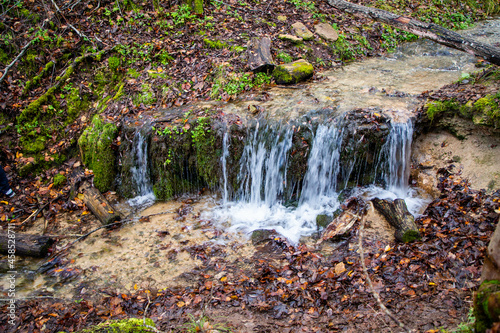 waterfall in the forest among fallen and orange leaves