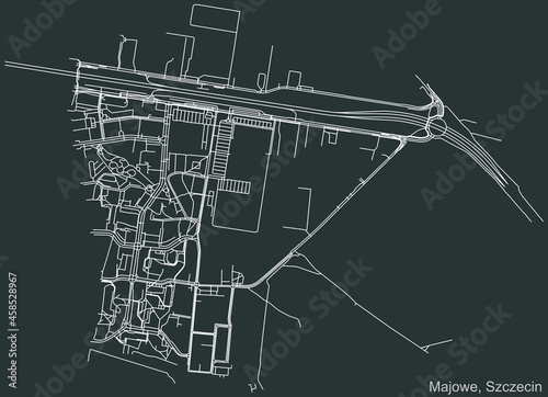 Detailed negative navigation urban street roads map on dark gray background of the quarter Majowe municipal neighborhood of the Polish regional capital city of Szczecin, Poland