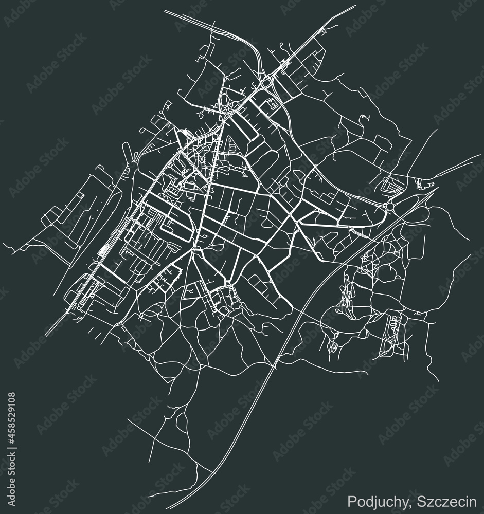 Detailed negative navigation urban street roads map on dark gray background of the quarter Podjuchy municipal neighborhood of the Polish regional capital city of Szczecin, Poland