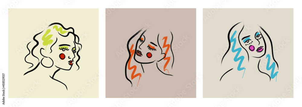Obraz premium Trendy creative collage of one line continuous face of girls with colors abstract shapes. Minimalist woman. Contemporary set. Linear silhouette portrait.