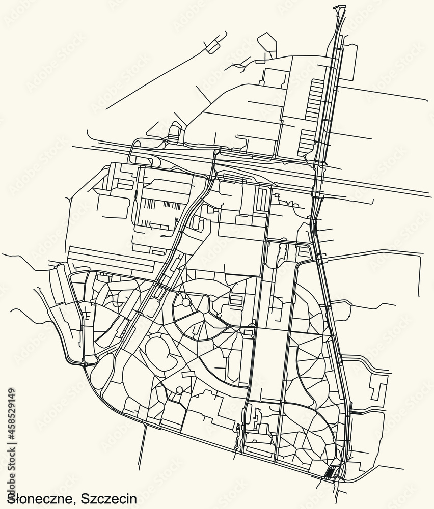 Detailed navigation urban street roads map on vintage beige background of the quarter Słoneczne municipal neighborhood of the Polish regional capital city of Szczecin, Poland