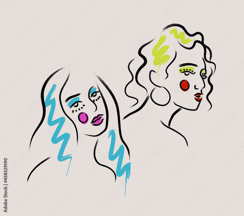 Trendy creative collage of one line continuous face of girls with colors abstract shapes. Minimalist woman. Contemporary set. Linear silhouette portrait. Trendy creative collage of one line continuous face of girls with colors abstract shapes. Minimalist woman. Contemporary set. Linear silhouette portrait.
