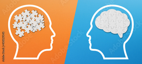 Different thinking, rational and irrational thinking concept. Mental health and problems with memory. Human brain shaped made of white jigsaw puzzles inside your head photo