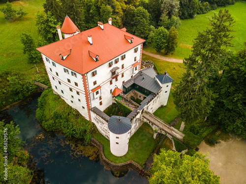 Slovenia Sneznik Castle (Grad Snežnik ) located in Loska Dolina. Aerial Drone View
