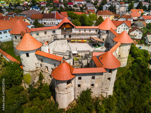 Zuzemberk ( Seisenberk ) Castle in Slovenia Coutrtyside. Aerial Drone View photo