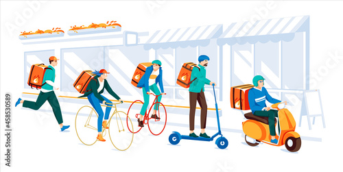 Delivery service by the different types of transport in the city. Concept. Young people doing job fast. Old city street with cafe and shops. Flat colorful cartoon illustration.