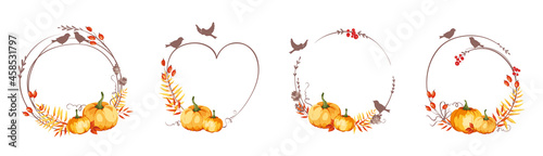 Autumn frames for Thanksgiving Day. Set vector design elements. Pumpkins, birds, yellowed leaves and red berries.	