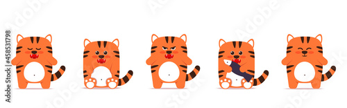 Set of cute little tigers cats in a flat style. Animal symbol for Chinese New Year 2022. An angry sullen orange tiger stands and sits with a fish. For a banner, childrens decor. Vector illustration.