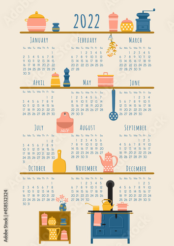2022 calendar template with kitchen elements: old wood-burning stove, dried herbs and shelves with kitchenware. Week starts on Sunday. Vector illustration, flat style, vertical A4 format.