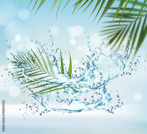 Clean water splash and palm leaves background. Liquid wave swirl with drops, vector splashing aqua dynamic motion with green palm tree leaf and spray droplets. Wallpaper or cosmetics design