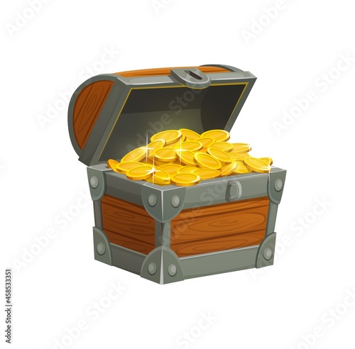 Cartoon pirate treasure chest with golden coins. Open wooden chest box decorated with forgery full of sparkling gold pieces isolated on white. Fantasy case game or mobile application ui element