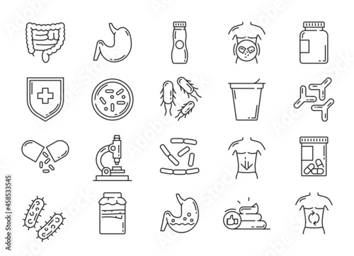 Probiotic, lactobacillus and prebiotic bacteria icons. Intestines health care, digestion problems treat and immunity microflora, probiotic capsules, yogurt and bacteria thin line vector icons set