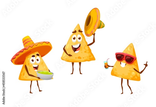 Mexican nachos chips on leisure fiesta in sombreros, vector Mexico cartoon food characters. Nachos chips on summer vacations in sombreros with guacamole, drinking cocktail, traditional Mexican party photo