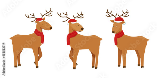 Set Christmas deer in cute hat and knitted red scarf in cartoon style isolated on white background. Comic character collection, new year decoration, holiday greeting.