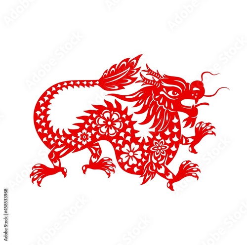 Chinese lunar new year dragon, zodiac sign and vector oriental holidays symbol. Red dragon in paper cut art for Chinese New Year festival, greeting card or lunar horoscope calendar