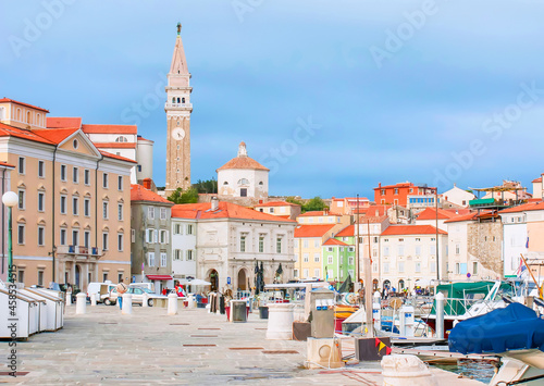 The scenic medieval town with high bell tower, Piran, Slovenia photo