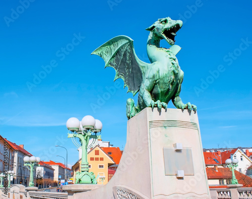 The sculpture of the Dragon on Dragon Bridge,  Ljubljana, Slovenia photo