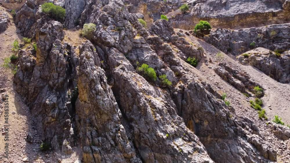 Huge steep cliffs canyon in the Euphrates River delta, Dramatic geological wonder in Turkey. Beautiful background and unusual landscape, Birds eye view 4k aerial, Drone Huge steep cliffs canyon in the Euphrates River delta, Dramatic geological wonder in Turkey. Beautiful background and unusual landscape, Birds eye view 4k aerial, Drone