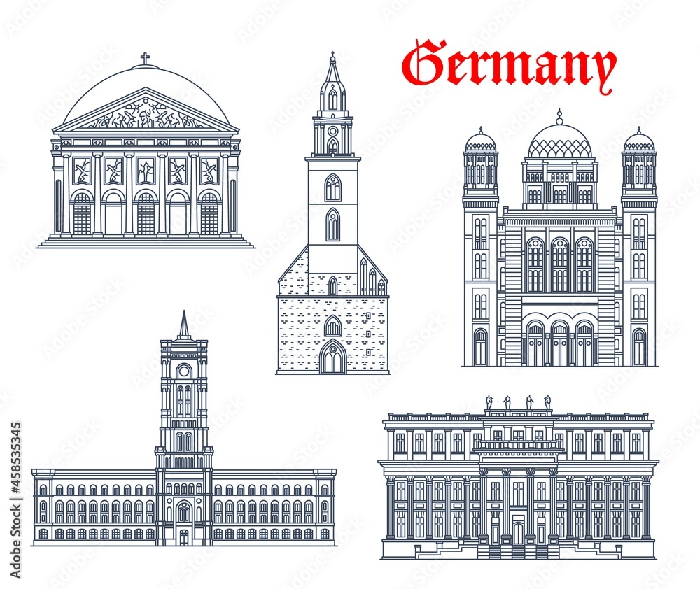 Germany architecture, Berlin buildings and historic landmarks, vector icons. Marienkirche church, Rotes Rathaus and Kronprinzenpalais palace, Saint Hedwig Dom Cathedral and New Synagogue of Berlin