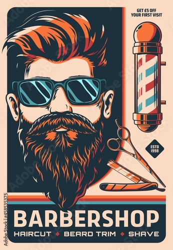 Barbershop retro poster with barber shop pole, vector man with beard and mustaches. Barbershop men and hipster haircut salon retro poster with razor blade and gentleman in sunglasses