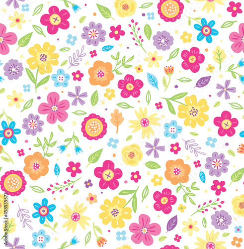Cute, Ditsy Floral Seamless Vector Pattern. Brightly colored flowers on a clean, white background. Repeating pattern can be used for webpages, packaging, backgrounds, or surface designs. 