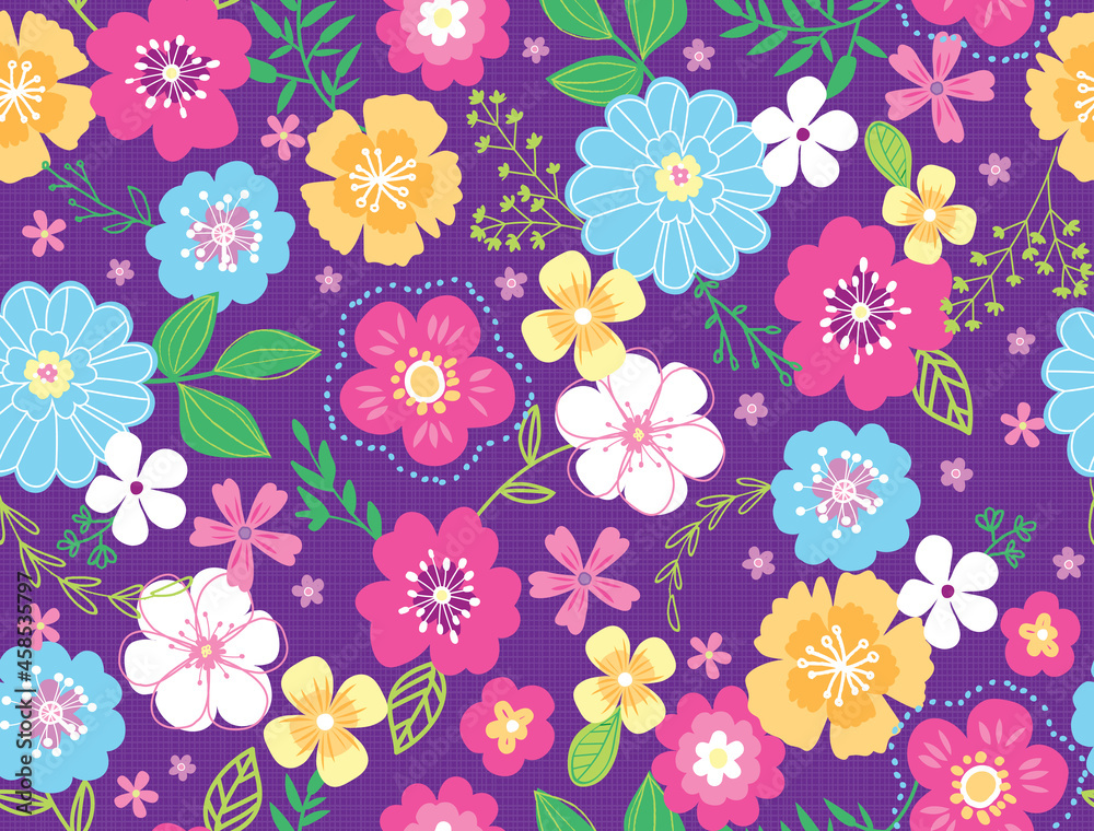 Sweet, seamless floral pattern in bright, trendy color scheme. A modern twist on a folksy, Liberty floral print with a purple background. Perfect for little girls going back to school