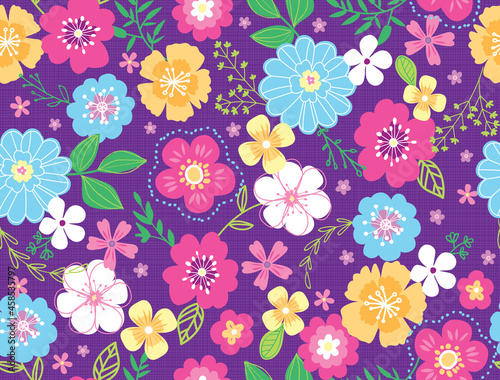 Sweet  seamless floral pattern in bright  trendy color scheme. A modern twist on a folksy  Liberty floral print with a purple background. Perfect for little girls going back to school