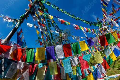 Buddhist prayer flags lunga in McLeod Ganj, Himachal Pradesh, India photo